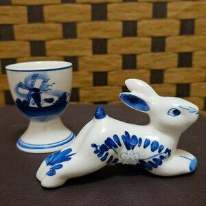 2 Vintage Dutch Hand Painted Ceramic Bunny, 4 Egg Holders, and Dog with Basket